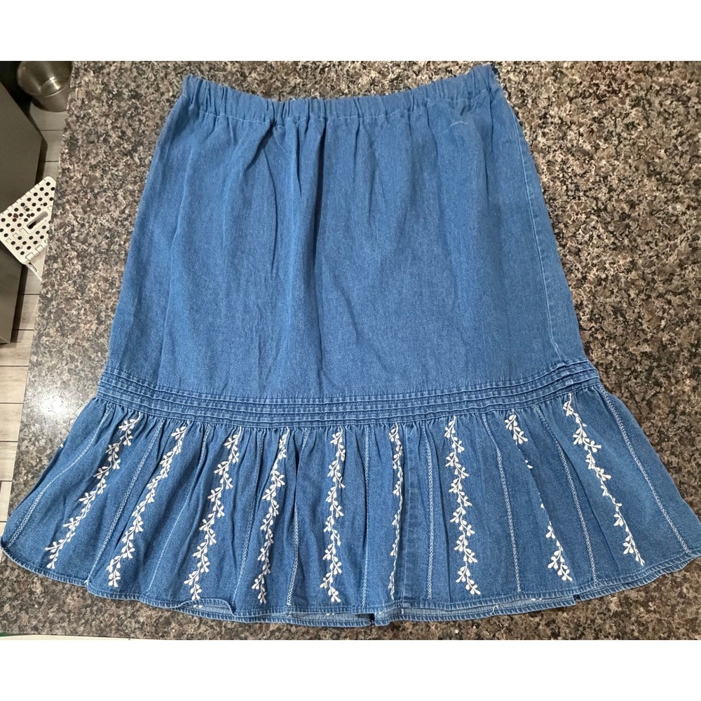 GH Blue Denim Embroidered Ruffle Hem Midi Skirt Womens L Floral Cottagecore